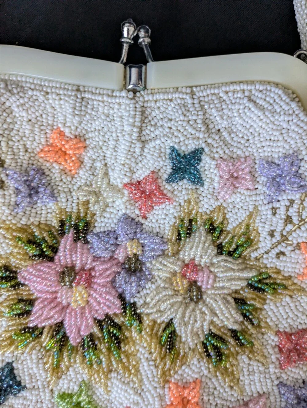 Beaded Floral Evening Handbag - Cream with Pastel Flowers Vintage